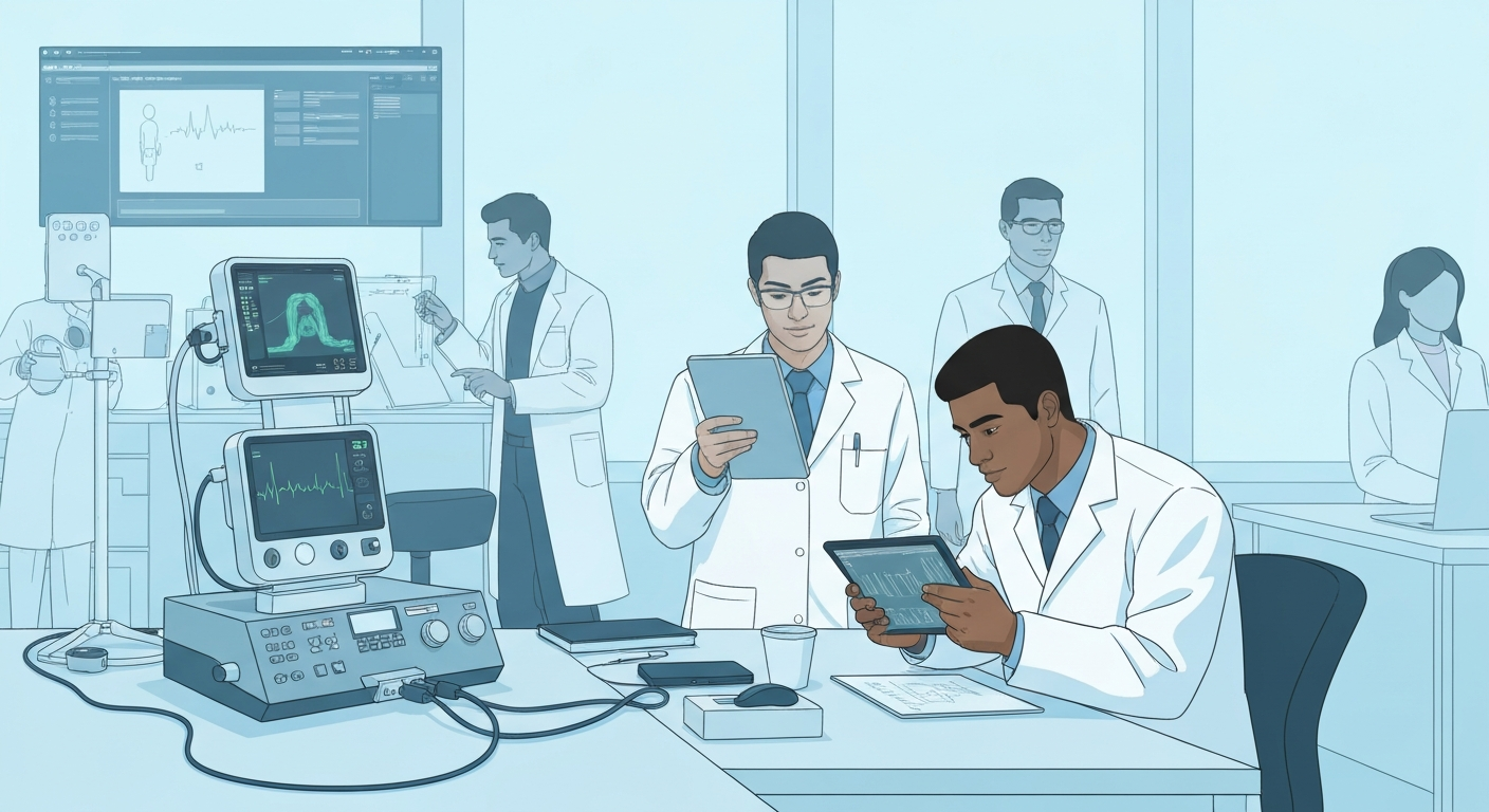 Abstract timeline visualization showing parallel engineering tracks and project phases with glowing milestones
